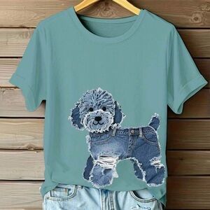 Women’s Casual Light Blue T-shirt Dog Print round neck T-shirt Size M